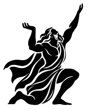 Black silhouette of muscular figure kneeling with raised arms. Bold vector artwork symbolizing myth, power, and divine invocation in dramatic style