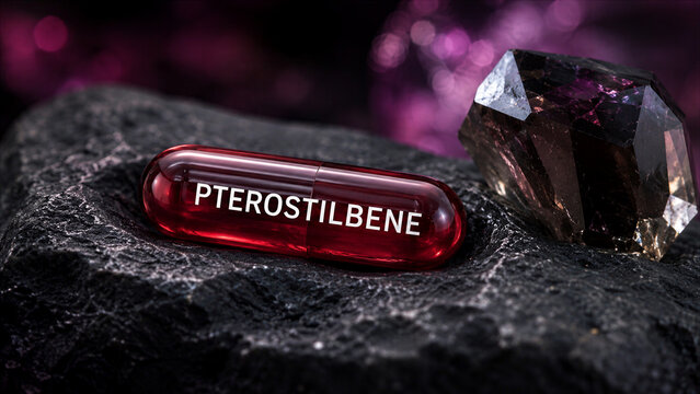 A pterostilbene capsule rests on a dark rock surface. In the background, there is a crystal with a shiny appearance. The scene shows a mix of natural elements and supplements
