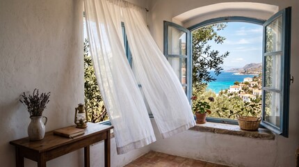 Fototapeta premium Mediterranean Open Window with Linen Curtains and Olive Branches