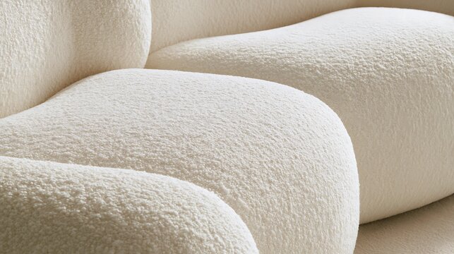 Modern luxury white boucle fabric sofa detail close up.