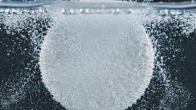 White Spheres submerging in clear water with rising bubbles during a slow motion cinematic reveal