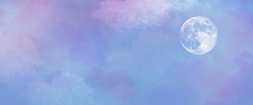 Full Moon in Dreamy Pastel Blue and Lavender Sky with Copy Space