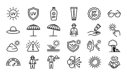 Fototapeta premium UV Protection Line Icon Set with Sunscreen Sun Shield and Solar Safety Symbols