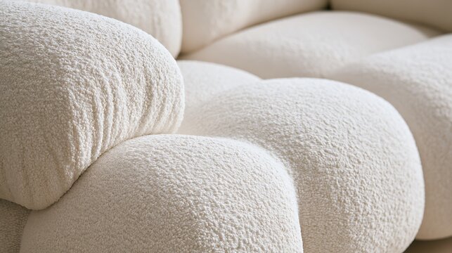 Close up detail of modern white boucl? sofa fabric texture.