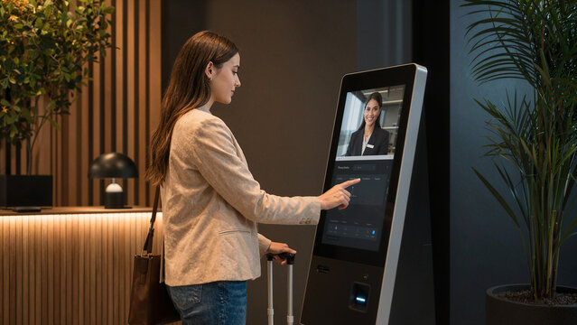 A woman stands at a self-service kiosk in a hotel lobby. She has a suitcase beside her and is interacting with the screen. The setting has indoor plants and modern decor