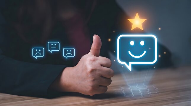 Hand giving thumbs up to happy chatbot icon with positive feedback symbols on digital screen