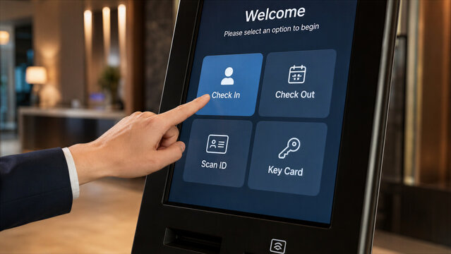 A guest is in a hotel lobby using a digital kiosk for check-in. The screen displays options like check-in, check-out, and scan ID. The setting shows a modern hotel interior