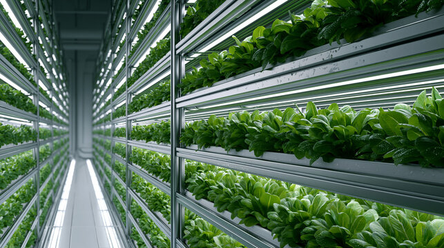 Indoor vertical farm featuring rows of lush green plants growing under artificial LED lights with narrow walkway.