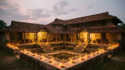 Obraz premium Traditional Indian courtyard house illuminated with glowing oil lamps during a festive evening celebration