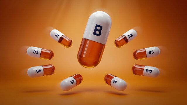 Floating b vitamin capsules illustration with golden background