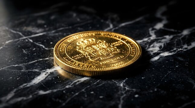 A single gold coin with intricate details rests on a dark marble surface.