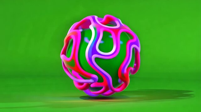 Abstract organic sphere morphing with vibrant fluid colors on a green studio background seamless loop
