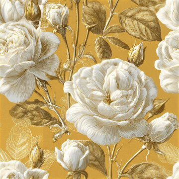 Seamless vintage rose garden pattern with blooming white roses and detailed golden leaves creating elegant floral design