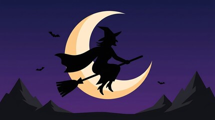Fototapeta premium A silhouette of a witch flying on a broomstick in front of a bright crescent moon at night time