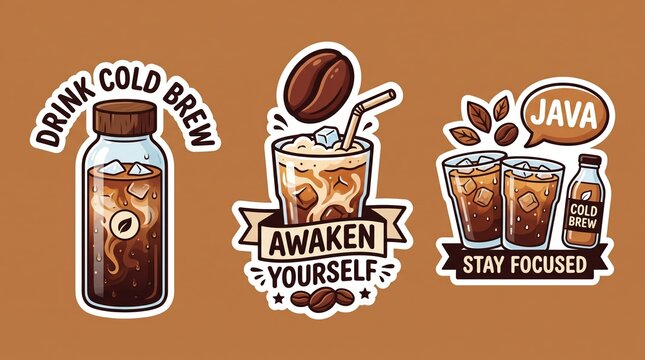 Vibrant Cold Brew Coffee Sticker Set Featuring Motivational Drink Labels for Marketing and Branding