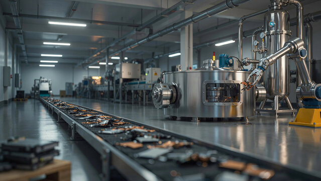 Modern factory with conveyor belt moving electronic components and robotic arm.