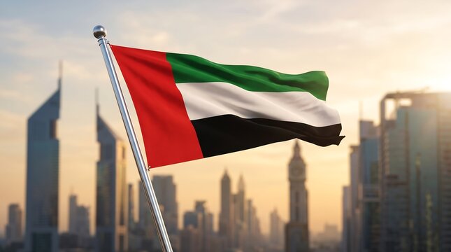 National flag of UAE waving on flagpole with blurred Dubai city skyline in warm sunset light