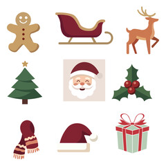 Fototapeta premium Christmas holiday vector icon set with santa claus reindeer christmas tree sleigh gingerbread man snowman gifts ornaments and festive elements