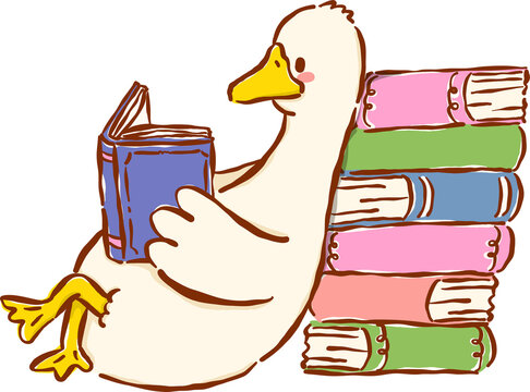 Silly Goose Bookish Reading a book leaning on Stack of Books Cartoon Character Hand Drawn