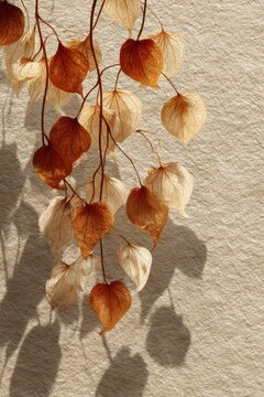 Dried orange leaves on textured beige stone surface creating organic shadows for minimalist wall decor.