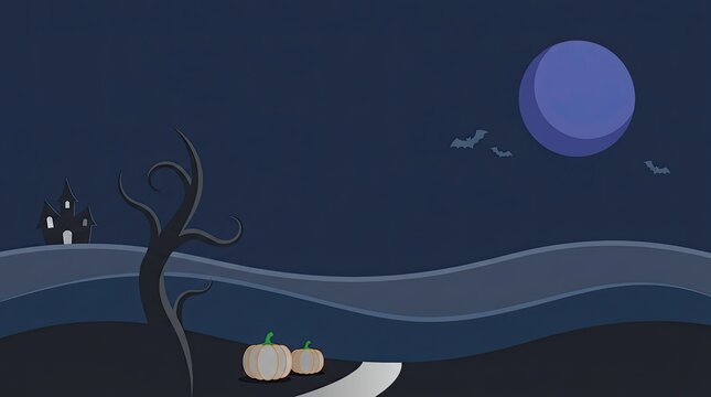 A minimalist flat vector illustration of a spooky halloween night landscape featuring a full moon and bare trees