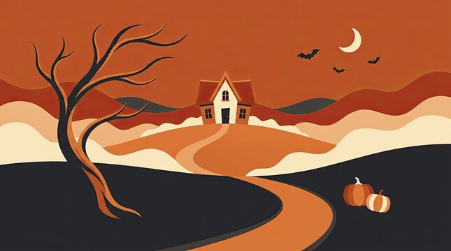 A spooky haunted house landscape illustration featuring a winding path and dead tree for a festive halloween background
