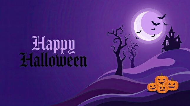 A festive purple background illustration featuring a spooky haunted house and a bright moon for happy halloween celebrations