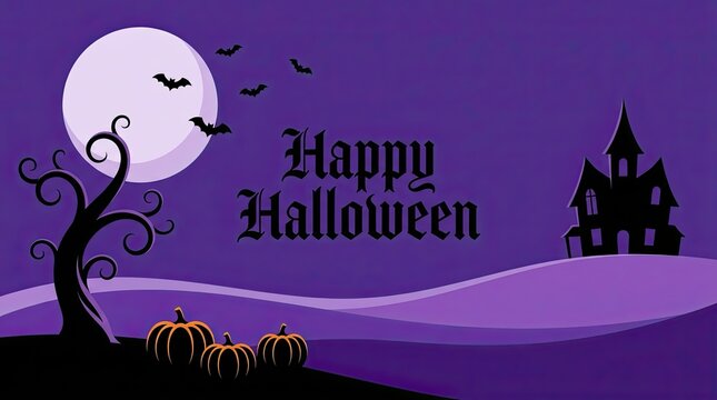 A spooky purple background featuring a haunted house silhouette and a bright full moon for happy halloween celebrations