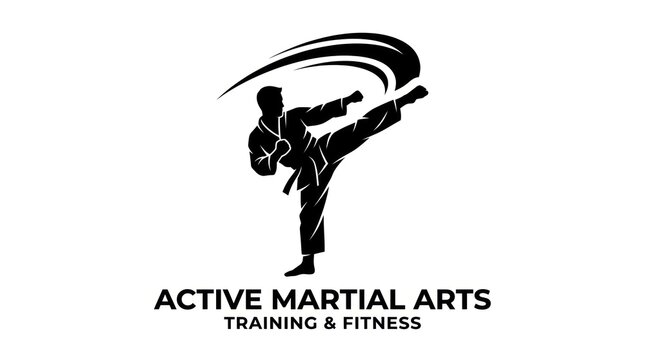 Martial artist performs dynamic high kick silhouette with abstract motion lines