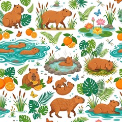 Naklejka premium Cute Capybara Seamless Pattern with Tropical Plants and Oranges for Wildlife Background