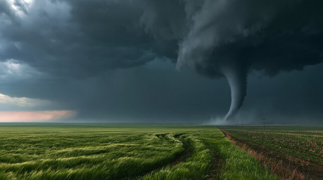 Intense tornado funnel cloud touching ground in green agricultural fields under dark storm skies.