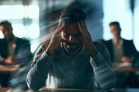 Mental health, anxiety and headache with an exhausted male employee suffering from fatigue