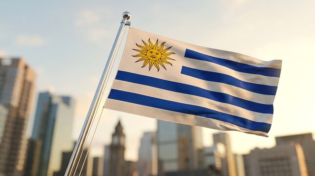 National Uruguay flag waving on flagpole against blurred urban city skyline during golden hour sunset