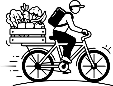 a delivery man on bicycle with basket of fruit and vegetable