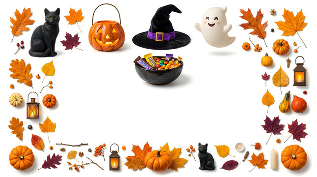 Halloween fall frame set, magic witch hat, jack o lantern pumpkin, black cat, ghost, candies in cauldron, autumn leaves border Halloween elelments