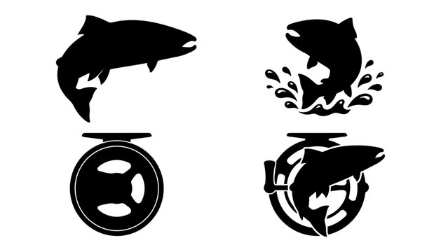 Fly Fishing Silhouette Set with Jumping Salmon Trout Fish, Water Splash Ripple, Circular Reel Gear Equipment, and Angler Catch Emblem Vectors