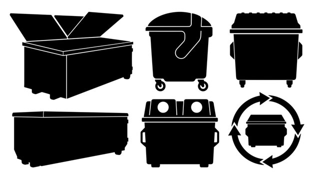 Industrial Waste Dumpster Silhouette Set with Large Metal Trash Bins, Roll Off Construction Container, Wheelie Wheel Bin, and Recycling Arrow Symbol Vectors