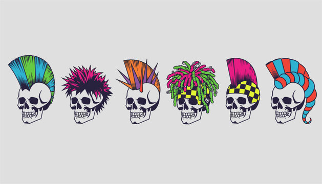 Lineup of six skulls featuring unique and colorful punk rock mohawk hairstyles in various vibrant patterns and shapes.