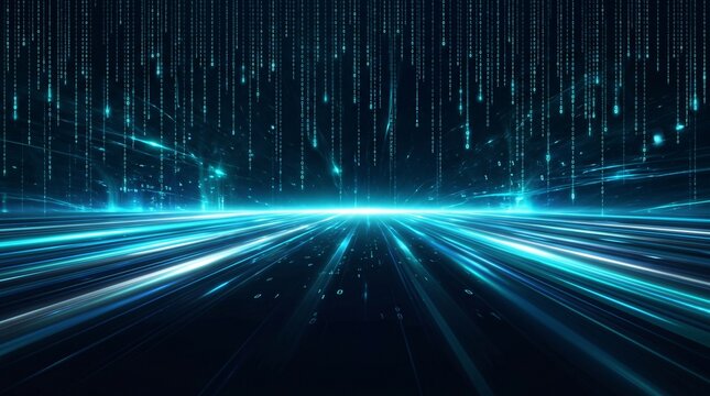 A digital landscape featuring falling binary code and glowing blue light streaks