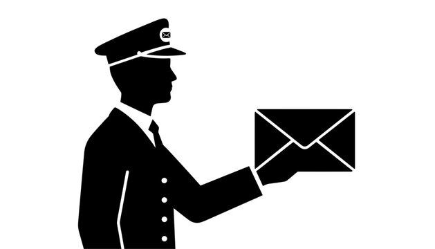 Black silhouette of a postman in uniform delivering an envelope representing mail and communication services.