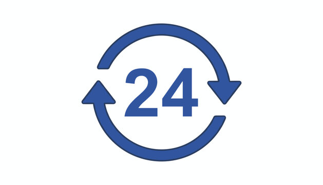 Blue circular recycling arrows surrounding the number 24 to symbolize twenty-four hour customer service and round the clock support.
