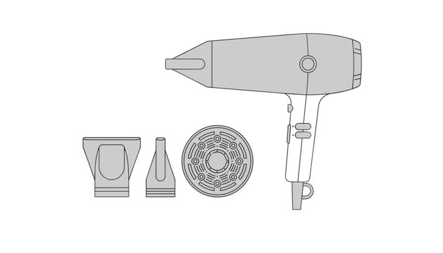 Simple line drawing of a hair dryer and its professional styling attachments including a diffuser and two different nozzles.