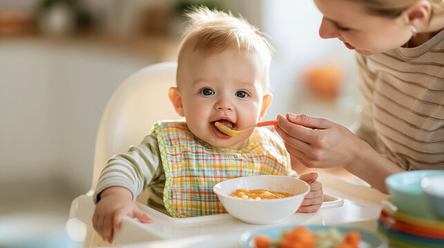 Mother spoon-feeding happy baby in a highchair during a cozy homemade mealtime at home