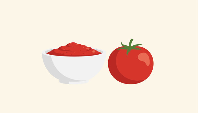 Fresh red tomato next to a white bowl filled with smooth tomato sauce or ketchup against a light cream background.