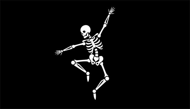 Stylized white skeleton dancing energetically against a solid black background, perfect for Halloween or medical themes.
