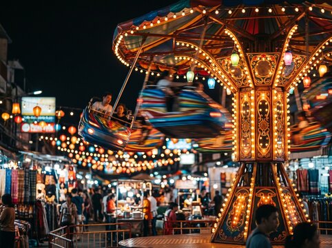 Festive Carnival Attraction at Night with Colorful Lights and Motion Effects