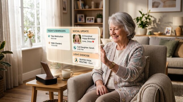 Senior woman using futuristic augmented reality interface for health reminders and social updates