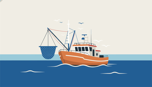 Commercial fishing trawler boat at sea with its net raised and several white seagulls flying in the distance.
