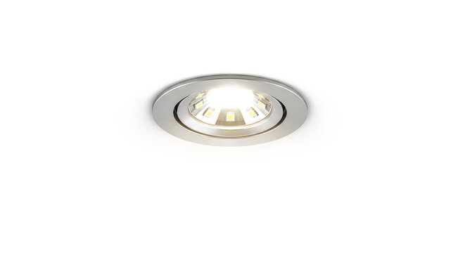 Recessed LED ceiling light isolated. Modern round spotlight fixture with glowing bulb.