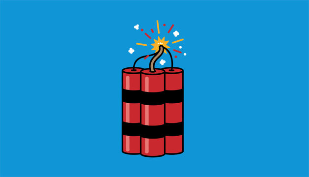 Dangerous dynamite sticks tied together with a lit fuse sparking and smoke puffs appearing against a solid blue background.